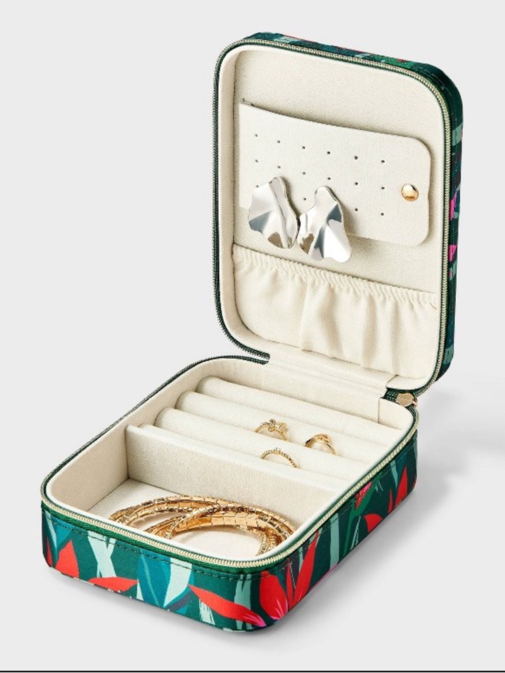 Travel Jewelry Case in Green Tropical Floral Print